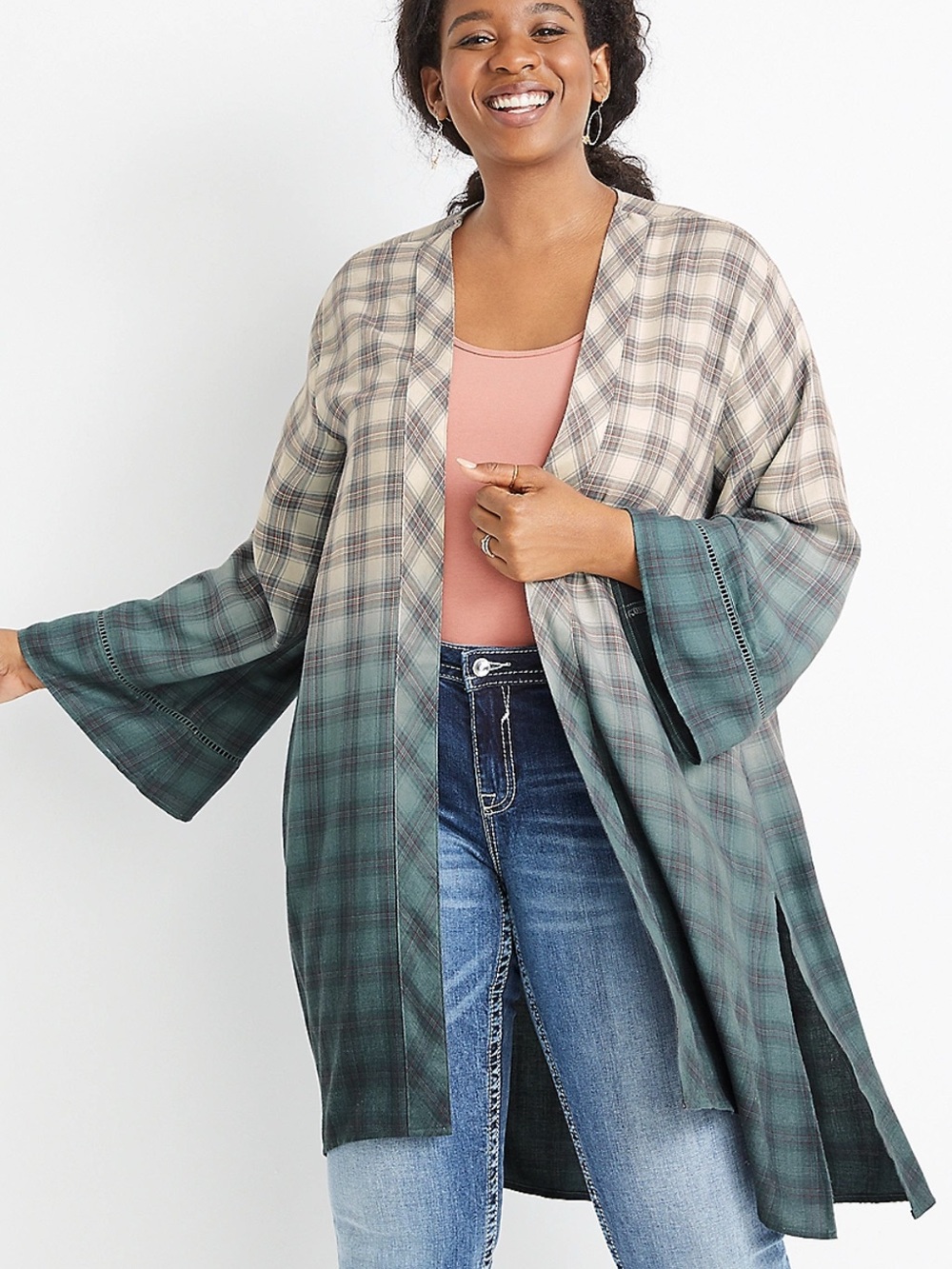 Maurice’s 1X Plus Size Grey Plaid Duster Kimono Summer Cover